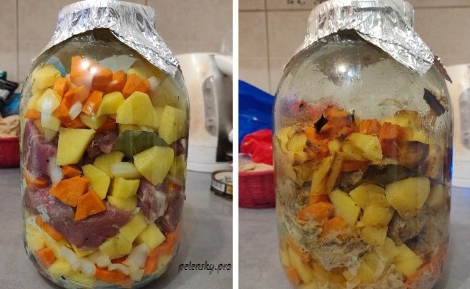 Запечене м’ясо з картоплею і овочами в скляній банці.